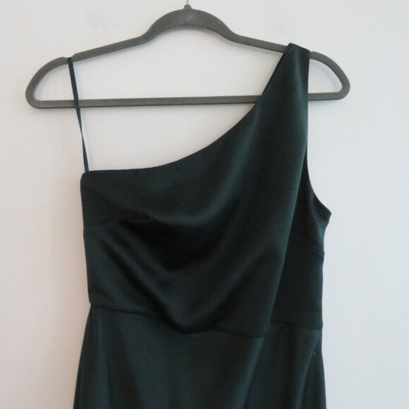 BHLDN Dylan One-Shoulder Satin Charmeuse Side-Slit Bridesmaid Gown Dark Emerald - Picture 5 of 16